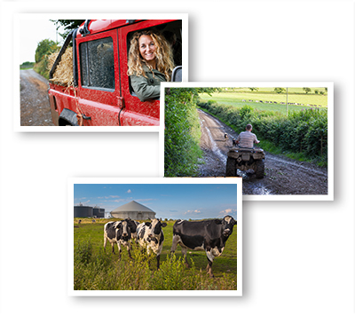 photo montage of rural living, including quadbikes, landrovers and cows