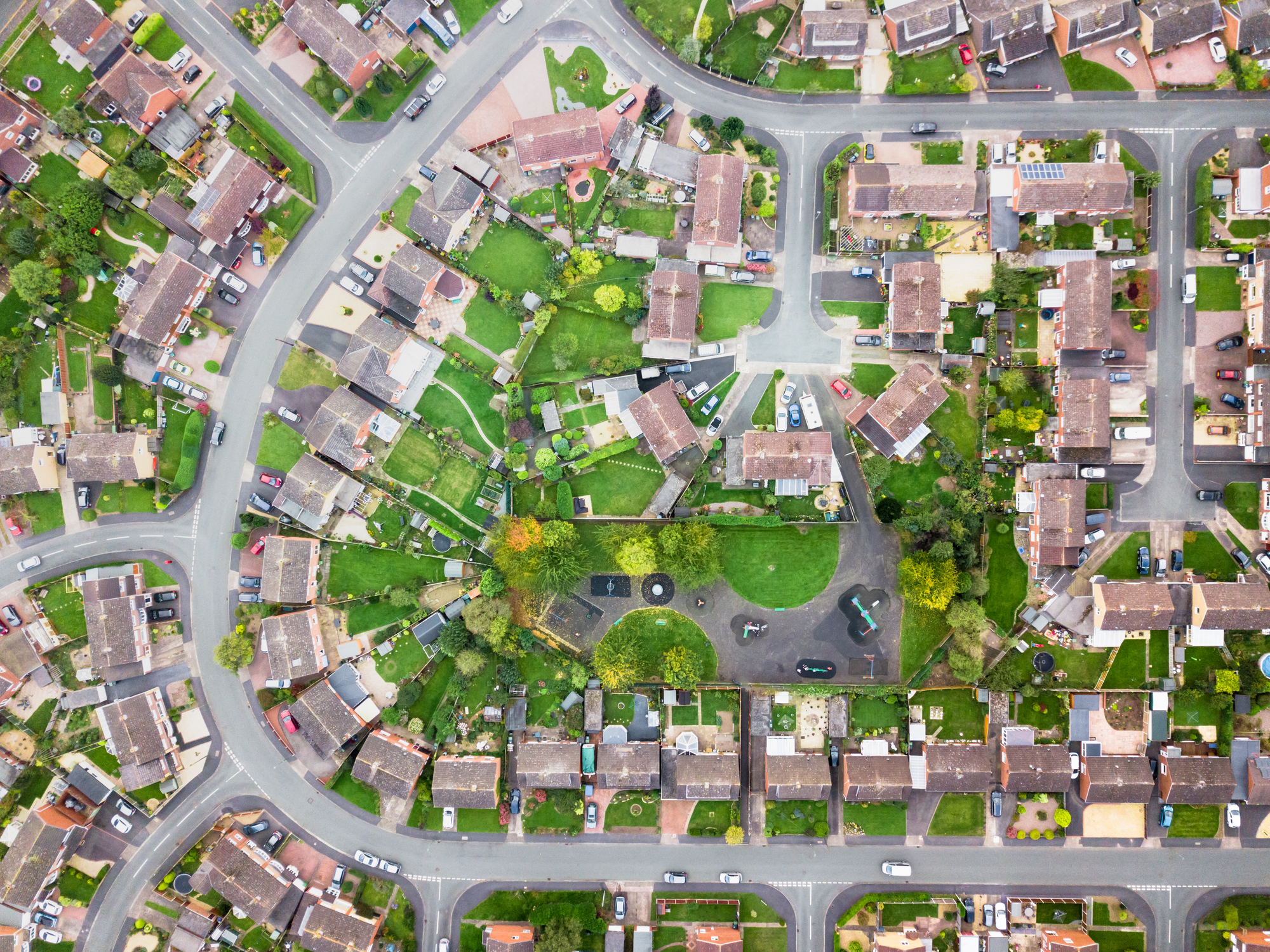 Aerial view of traditional housing estate in England