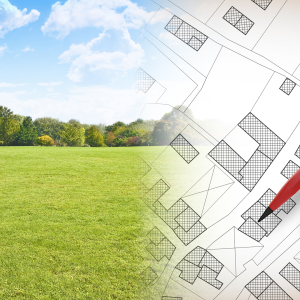 Concept for property development showing a photo of an empty field juxtaposed with a planning design for new houses