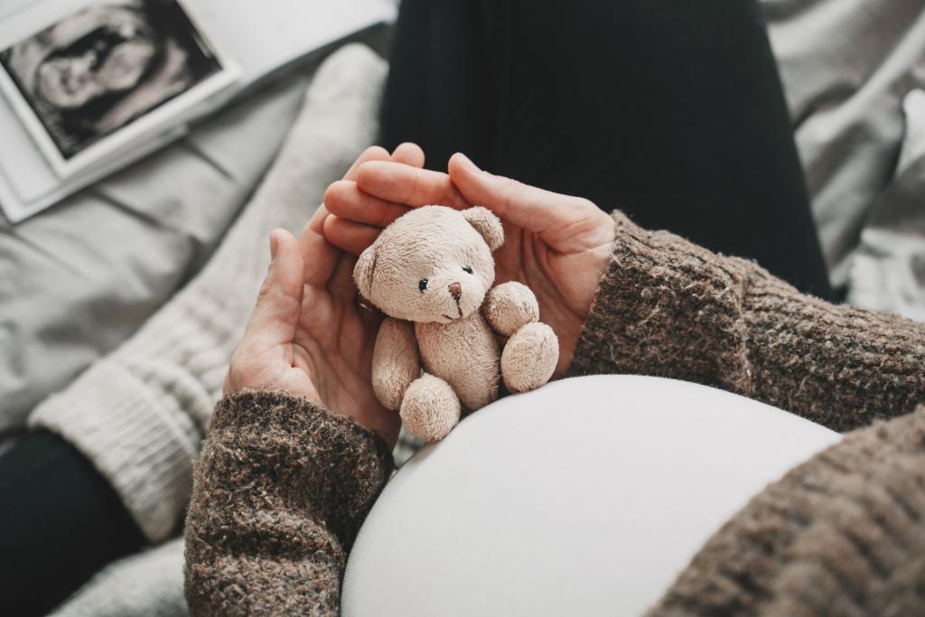 Woman pregnant belly with little teddy toy bear.