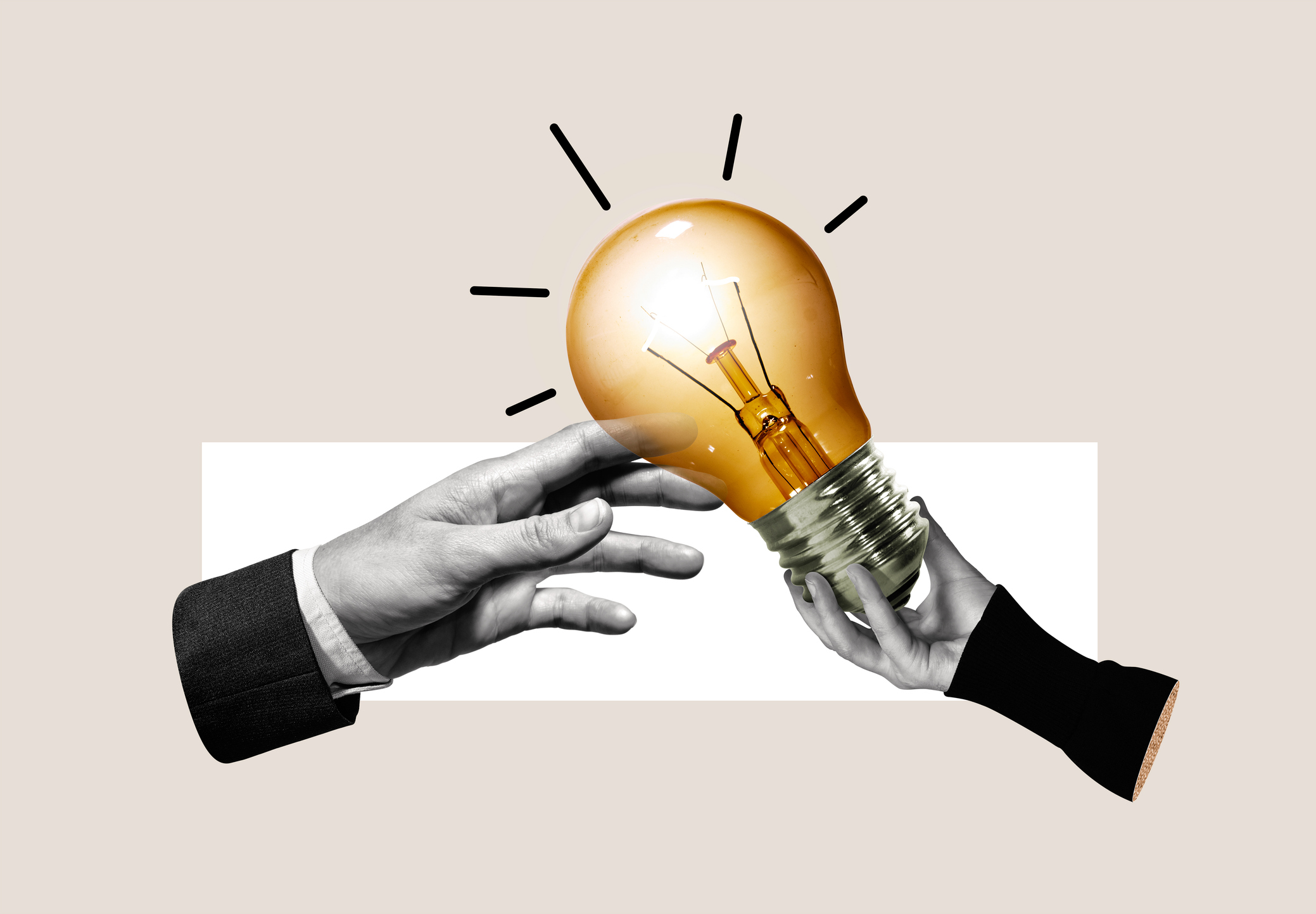 Concept for protecting a brand or creative idea - showing hands reaching out to touch a lightbulb