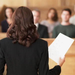 An expert evidence presenting information in a Court room seen from behind holding paperwork